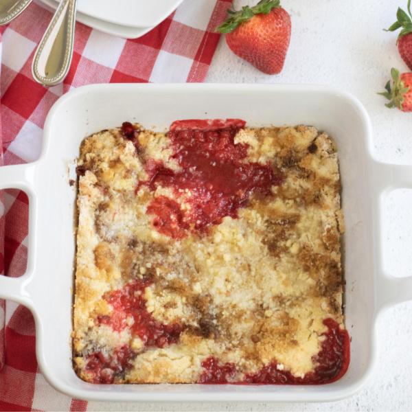 Strawberry Cobbler in a square dish