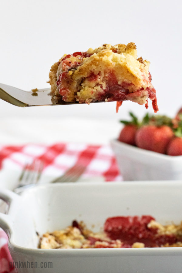 Strawberry cobbler scooped and ready to serve. 