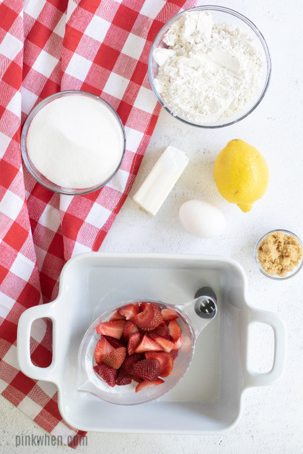 Ingredients needed for strawberry cobbler. 