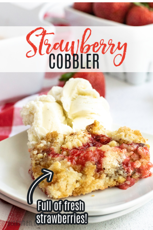 This Strawberry Cobbler is made with fresh strawberries, lemon juice, flour, sugar, and a whole lot of deliciousness! You're going to love how quick and easy it is to make this delicious summertime dessert. Grab a lot of strawberries, because you'll get a lot of requests for more!