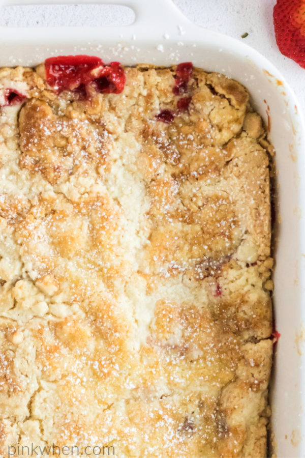 Strawberry dump cake in a 9 x 13 dish. 
