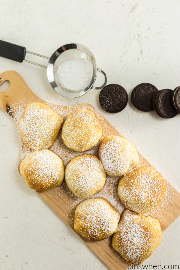 Fresh Air Fried OREOs with powdered sugar. 