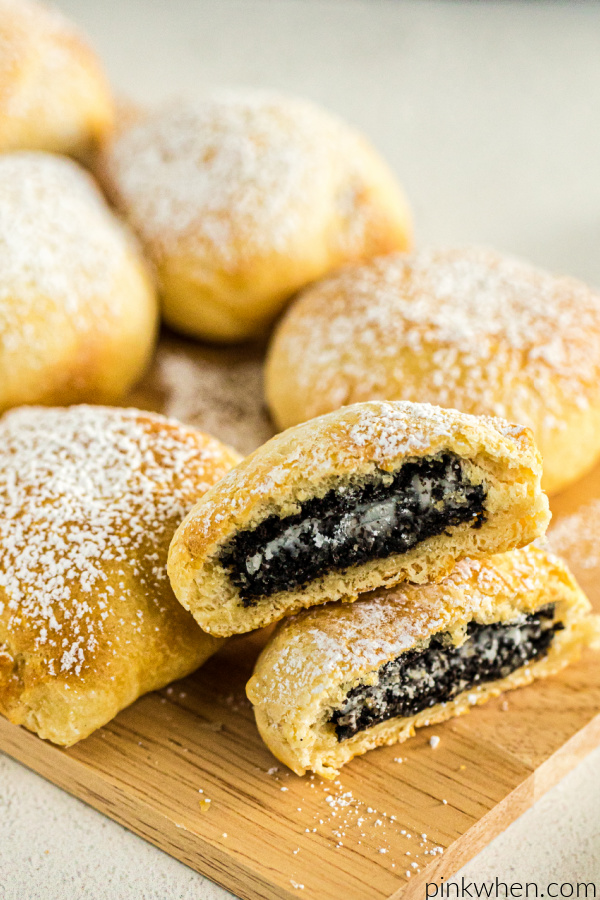 Air Fried OREO cut in half on a board with others.