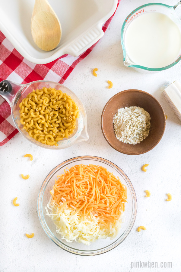Ingredients needed for macaroni and cheese. 