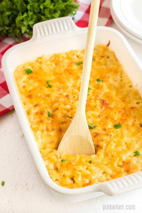 Cheesy Baked Macaroni in a casserole dish.