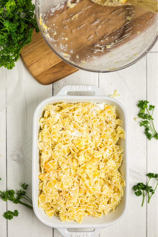 Ingredients added to a 9 x 13 baking dish.