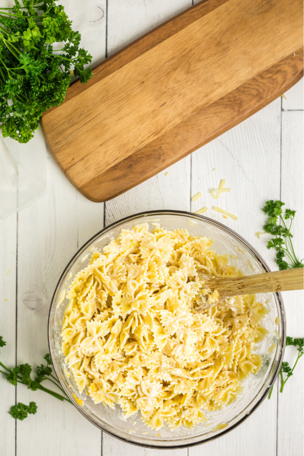 Combined ingredients for bowtie mac and cheese. 