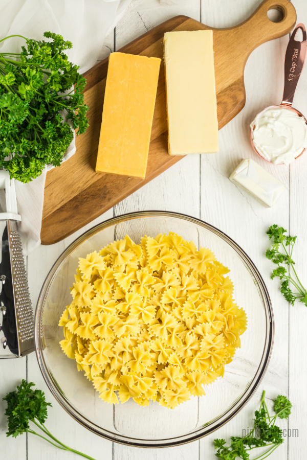 Ingredients needed for homemade bowtie mac and cheese. 