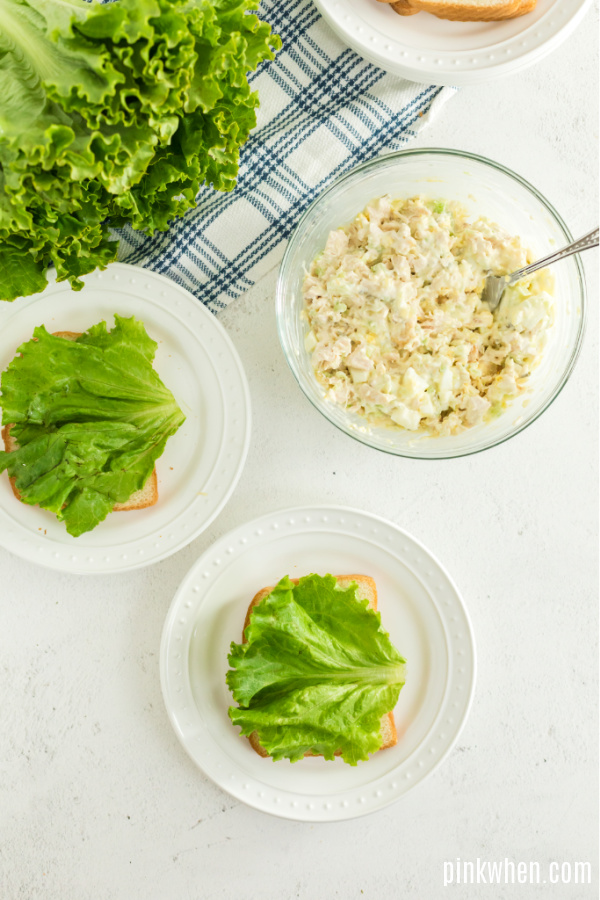 Lettuce on bread and chicken salad in a bowl
