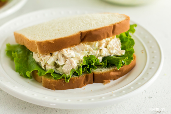 Chicken salad sandwich on a white plate ready to eat.