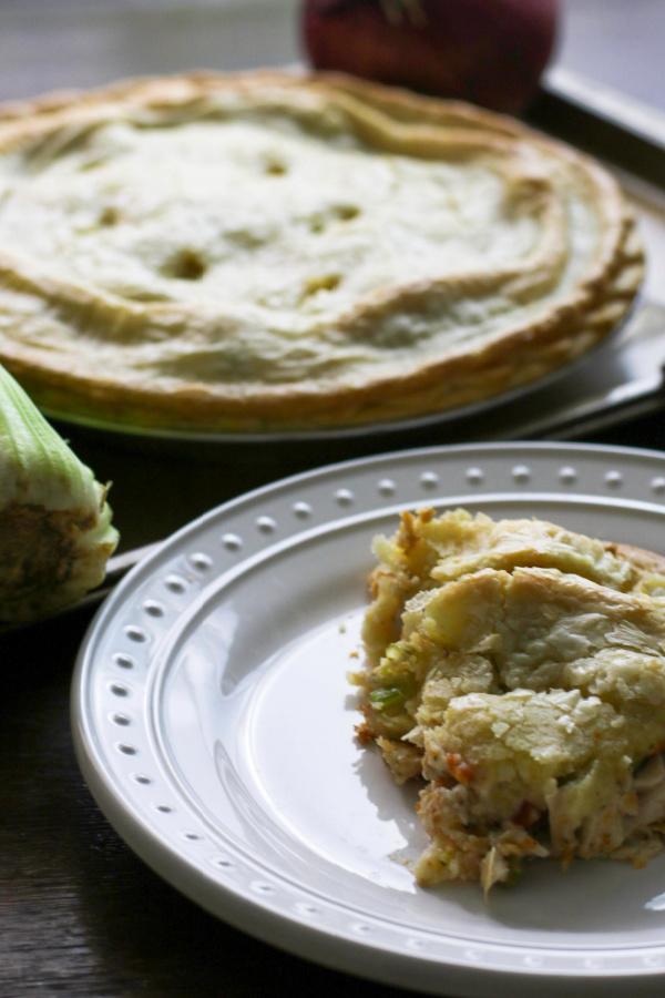 Slice of chicken pot pie.