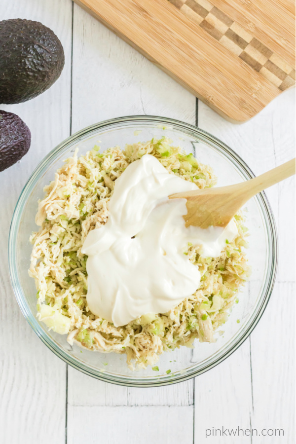 Adding mayo, yogurt, and lemon juice. 