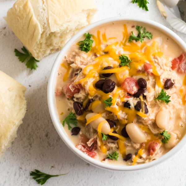 Crack chicken chili in a bowl and ready to eat.