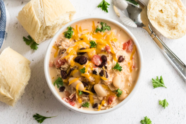 Crack Chicken Chili in a bowl and ready to serve.