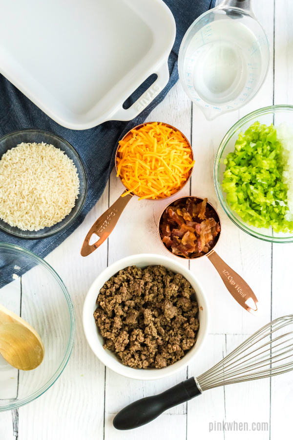 Ingredients needed for hamburger casserole.