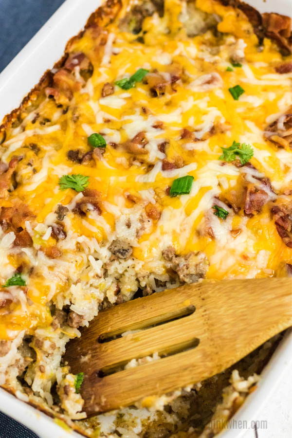 Bacon and cheese topped on a hamburger casserole. 