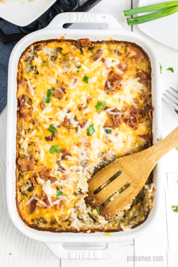 Hamburger casserole scooped in a casserole dish.