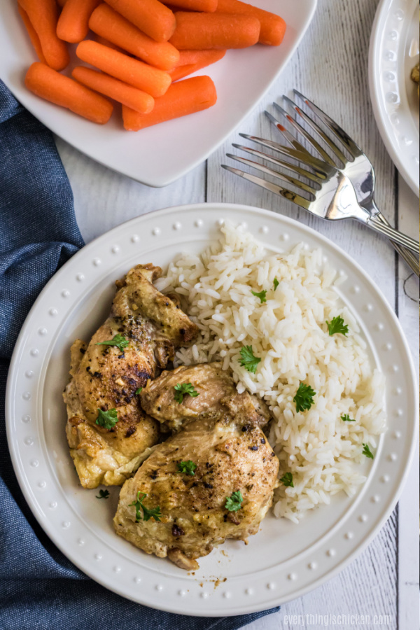 Chicken Thighs made in the pressure cooker and served with rice.