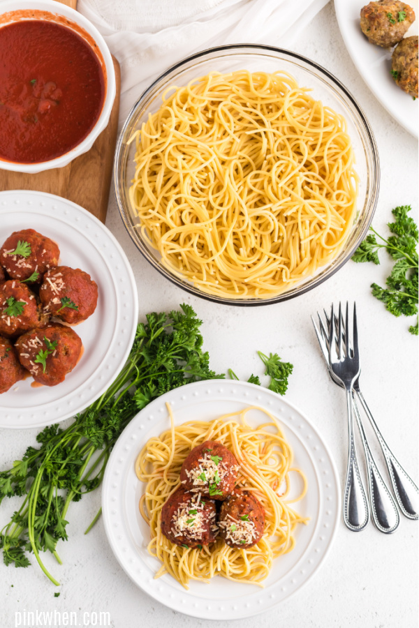 Italian Meatballs served on spaghetti with sauce. 