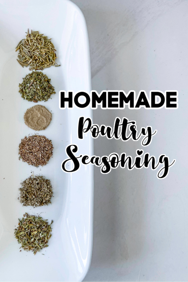 homemade poultry seasoning pinnable image with seasonings on a plate.