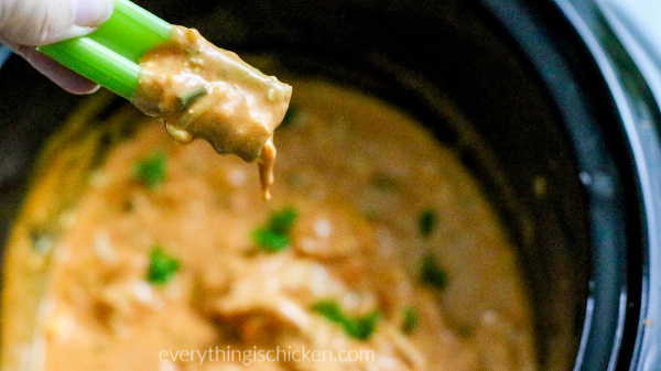 Buffalo chicken dip being scooped with celery.