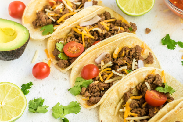 Cooked ground beef street tacos. 