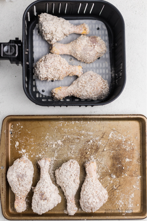 Chicken placed into an air fryer basket. 