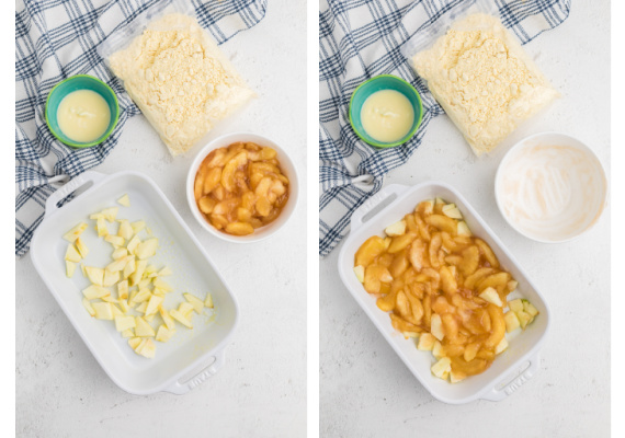 Step process photos for apple dump cake.