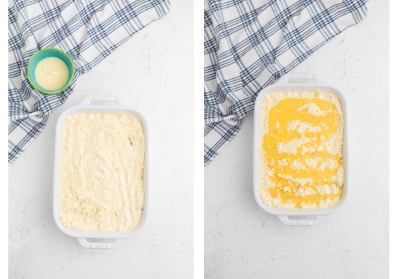 Process of adding cake mix and drizzling butter for dump cake. 