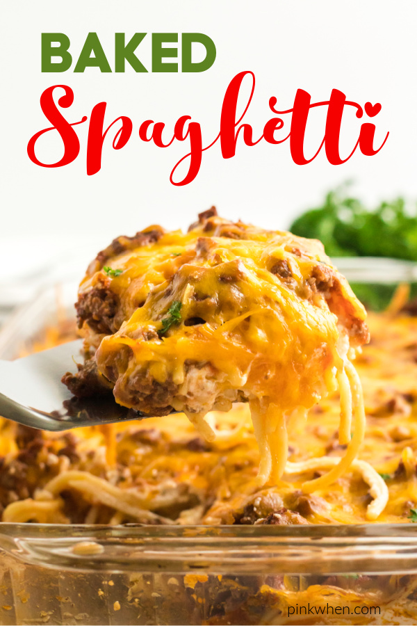 Baked Spaghetti scooped out of the pan. 