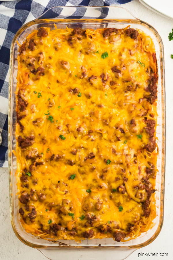 Baked spaghetti fresh from the oven and ready to serve. 