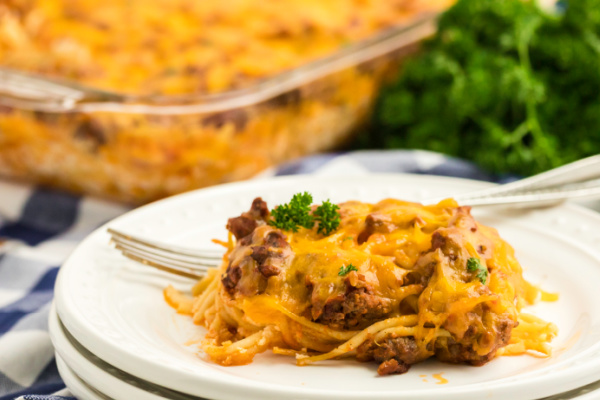 Baked spaghetti scooped onto a plate. 