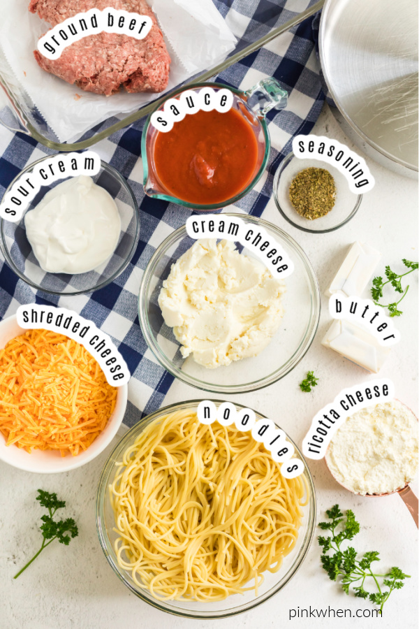 Ingredients needed for baked spaghetti.