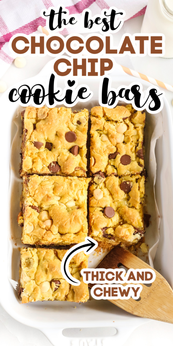 Chocolate Chip Cookie Bars are a delicious and easy dessert. Made with yellow cake mix, chocolate chips, and more! It's the perfect, easy dessert recipe your whole family will enjoy.