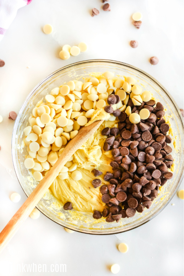 Chocolate chips in the mix for the cookie bars.