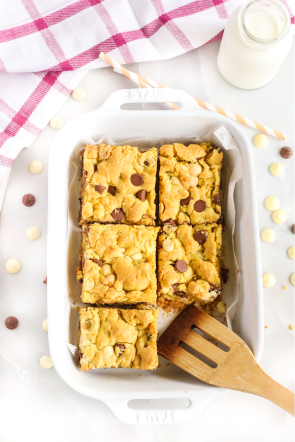 Chocolate Chip Cookie Bars sliced and ready to serve.