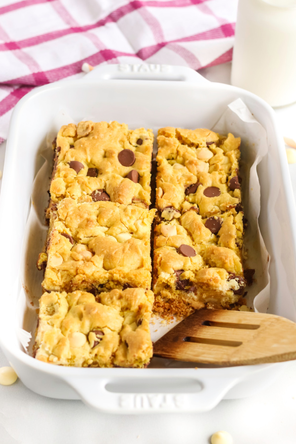 Chocolate Chip Cookie Bars Sliced and ready to serve.