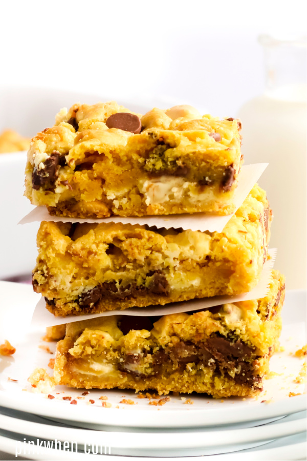 Chocolate Chip Cookie bars stacked and ready to eat.