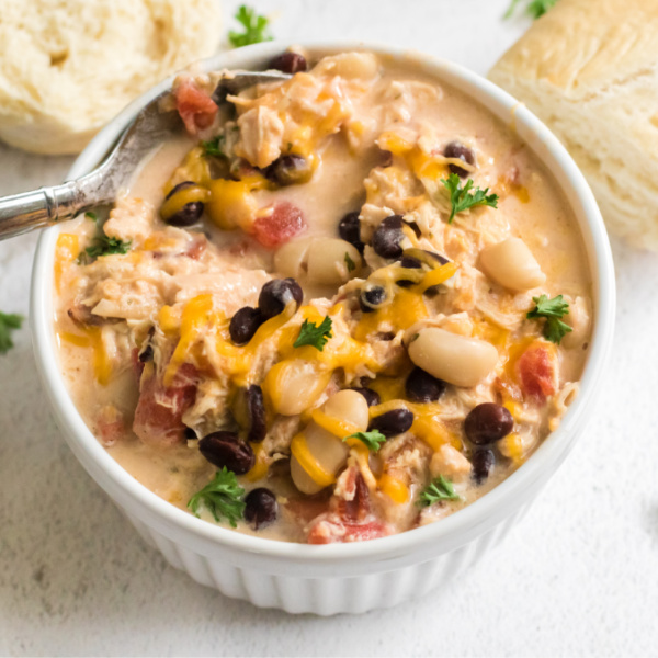 CRack Chicken Chili in a white bowl ready to eat.