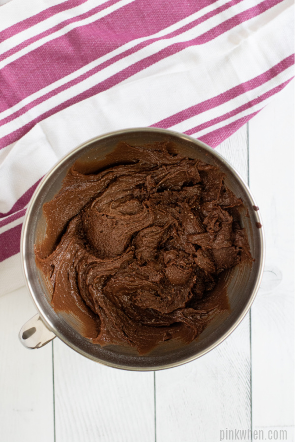 Brownie dough in a large mixing bowl.
