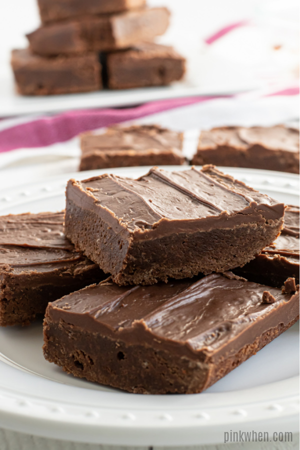 Lunch lady brownies stacked on a plate. 
