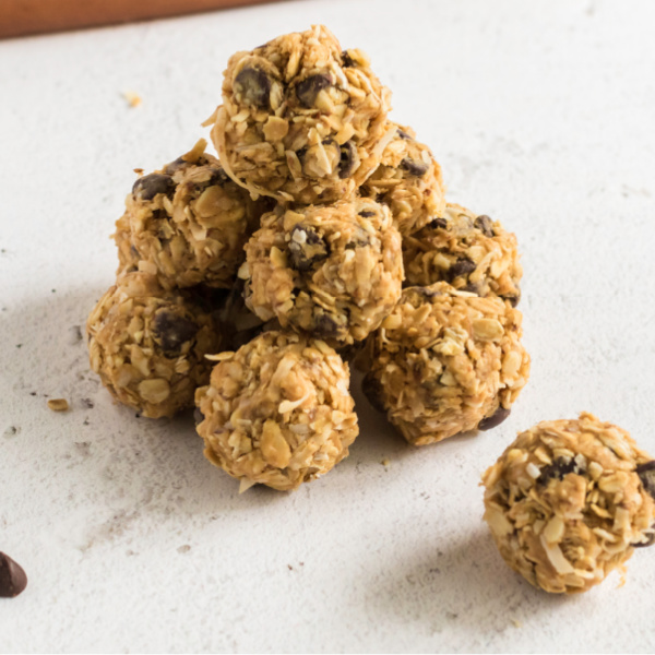 Protein Balls stacked in a pyramid.