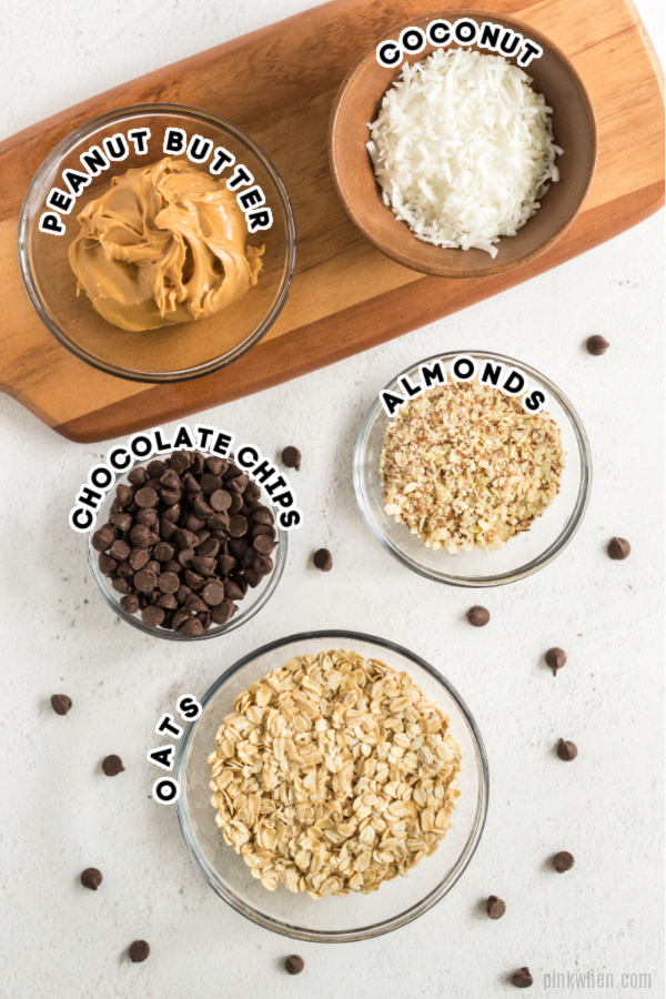 Ingredients needed for no bake protein balls. 