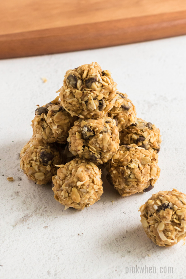 Protein balls stacked and ready to eat.
