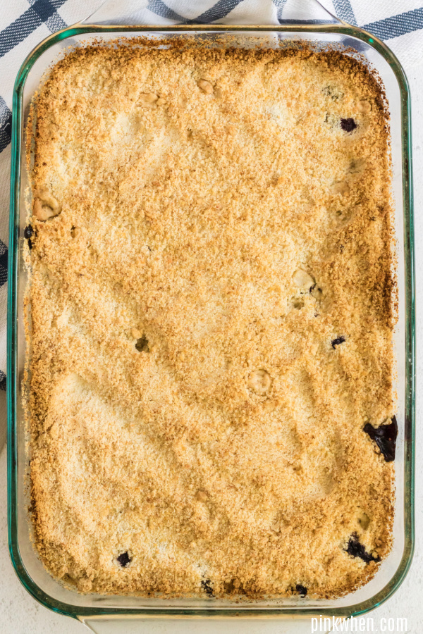 Blueberry Crumb Bars in a dish, un cut. 