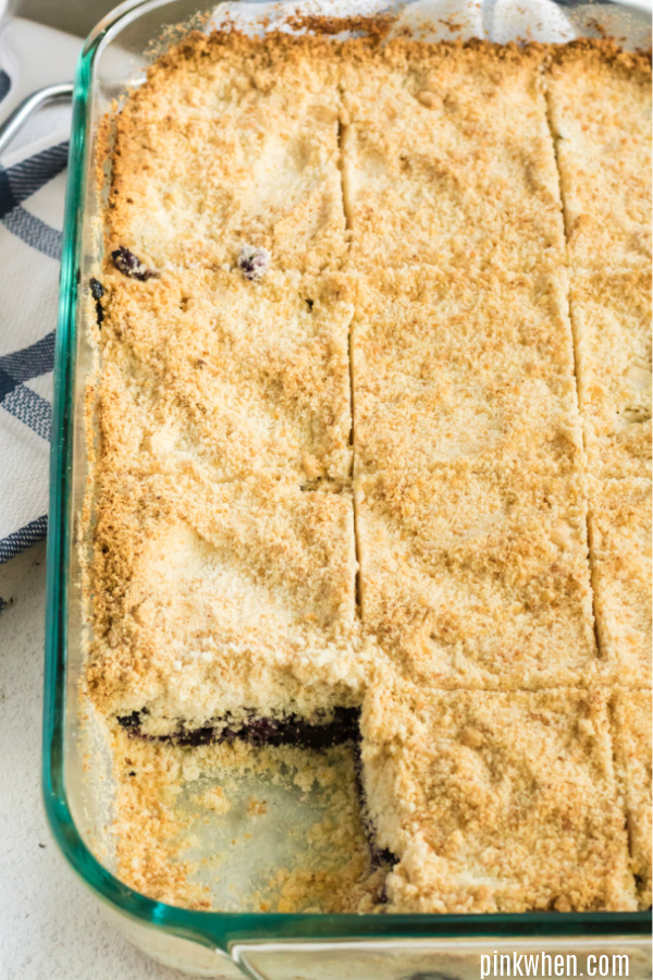 sliced and ready to serve crumb bars in a baking dish. 