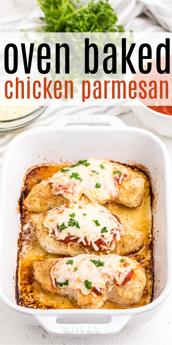This oven baked chicken parmesan is made with less than 10 ingredients but is loaded with cheese and Italian flavors. Not only is this simple crispy baked parmesan chicken dish ready in 30 minutes, but it's a delicious homemade recipe to fuel the entire family with as well.