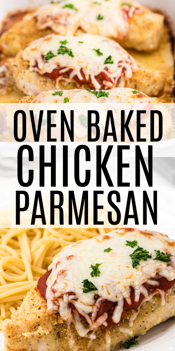 This oven baked chicken parmesan is made with less than 10 ingredients but is loaded with cheese and Italian flavors. Not only is this simple crispy baked parmesan chicken dish ready in 30 minutes, but it's a delicious homemade recipe to fuel the entire family with as well.