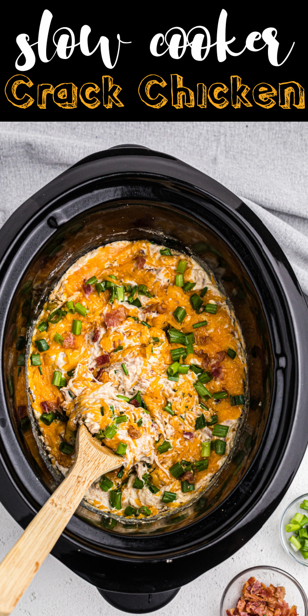FAMILY APPROVED! This Slow Cooker Crack Chicken is a delicious easy recipe the whole family enjoys. Made with chicken, cheese, bacon, green onions, butter, ranch, and more. It's a hearty meal that can be served over rice, with noodles, on potatoes, in tacos, with crackers, and more! It's also good all by itself.