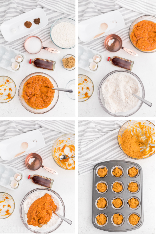 Step by step collage photo on how to make pumpkin muffins.